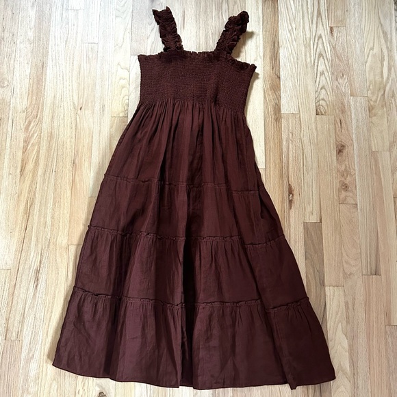 QUINCE european linen smocked midi dress chocolate brown nap dress size XL - Picture 6 of 15